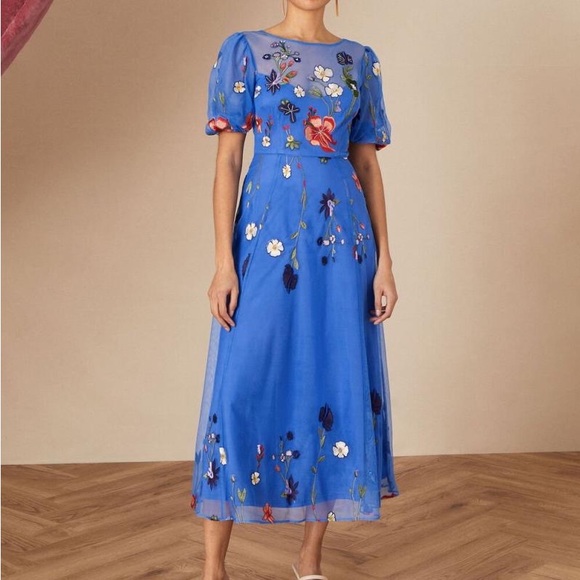 Monsoon Andrea embroidered midi dress in recycled polyester blue - Picture 8 of 9